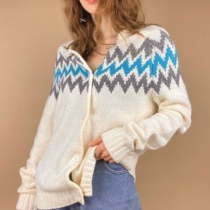 White, Blue & Grey Zig Zag Button Up Sweater